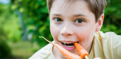 Decoratieve foto van een jong die een wortel doorbijt