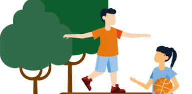 Decoratieve illustratie van leerlingen die buiten spelen: de ene leerling balanceert op een richel; de andere leerling speelt met een basketbal